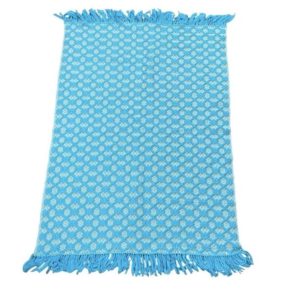 RARE Vintage 1960s Light Blue Fringe Double Daisy Throw Blanket 50x33 BEAUTIFUL - Picture 4 of 7